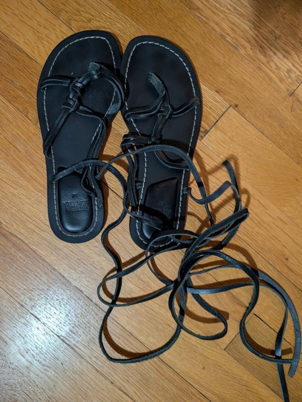 Zara Black Real Leather Lace-Up Sandals, EUR 37